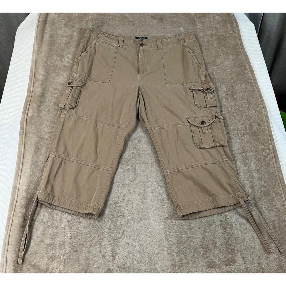 Lauren Ralph Lauren Utility Cargo Capri Pants Womens 18W Khaki Beige Cotton GOOD